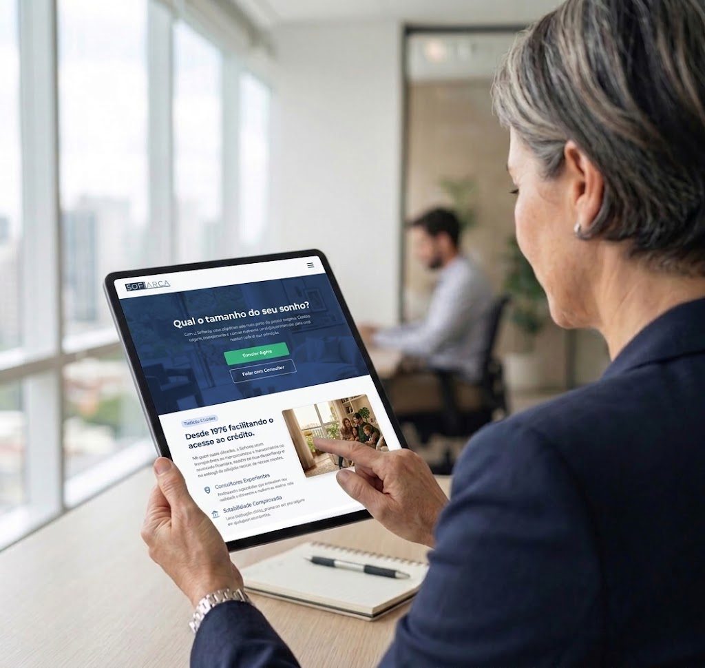 Consultora Sofiarca apresentando as soluções de crédito em um tablet