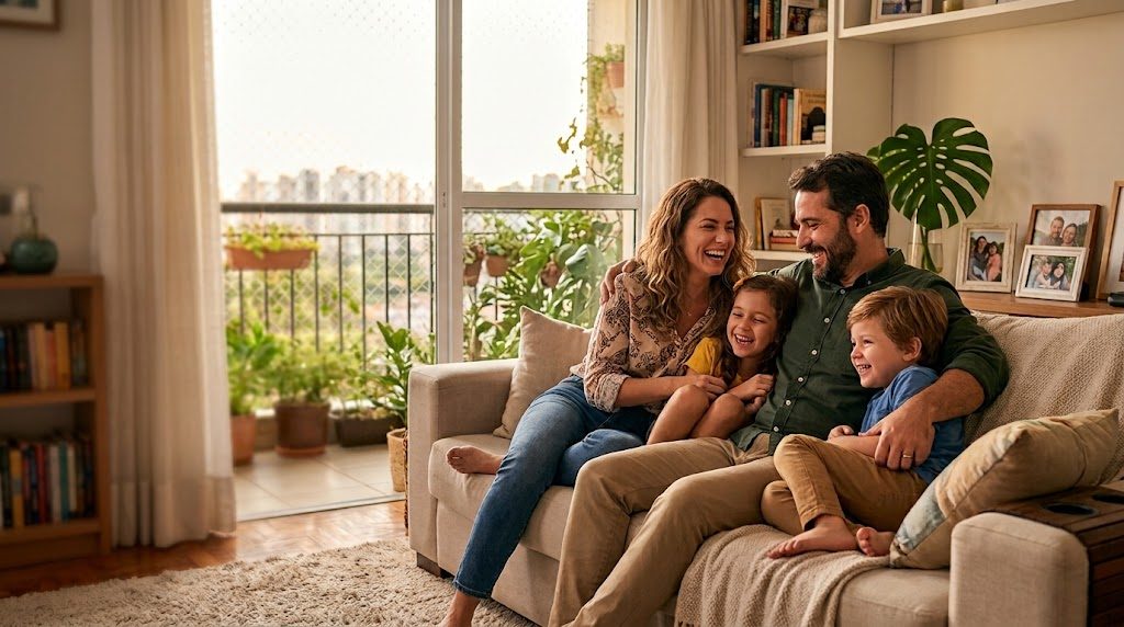 Família reunida em casa, cliente Sofiarca